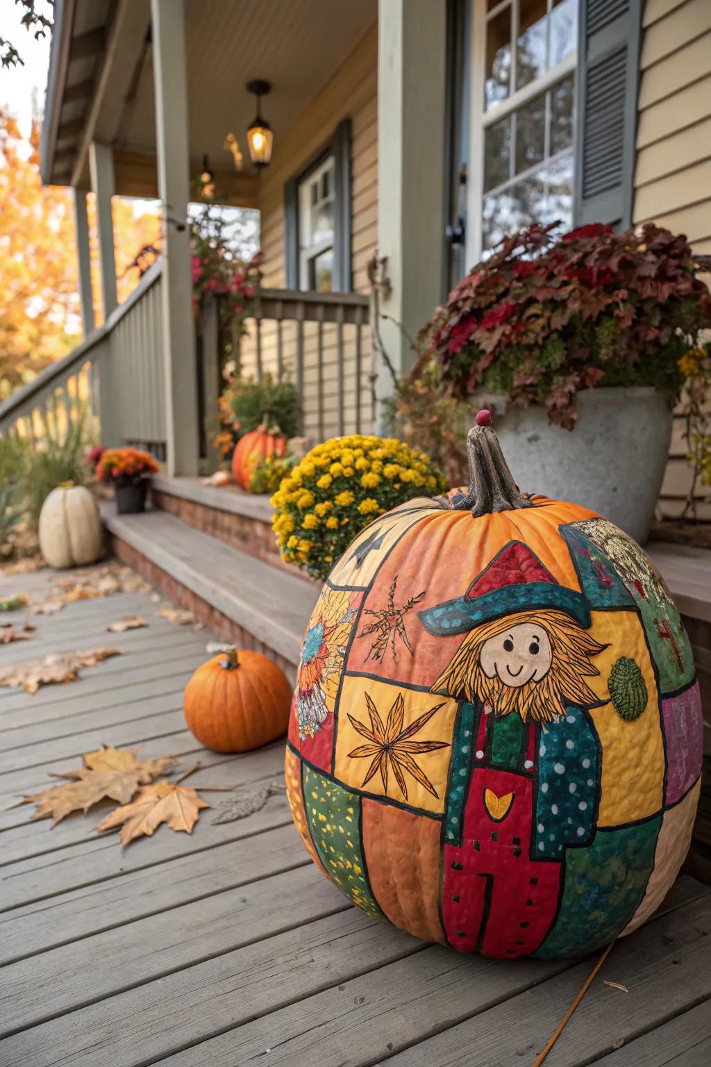 Quilted patterns breathe vitality into this scarecrow pumpkin.