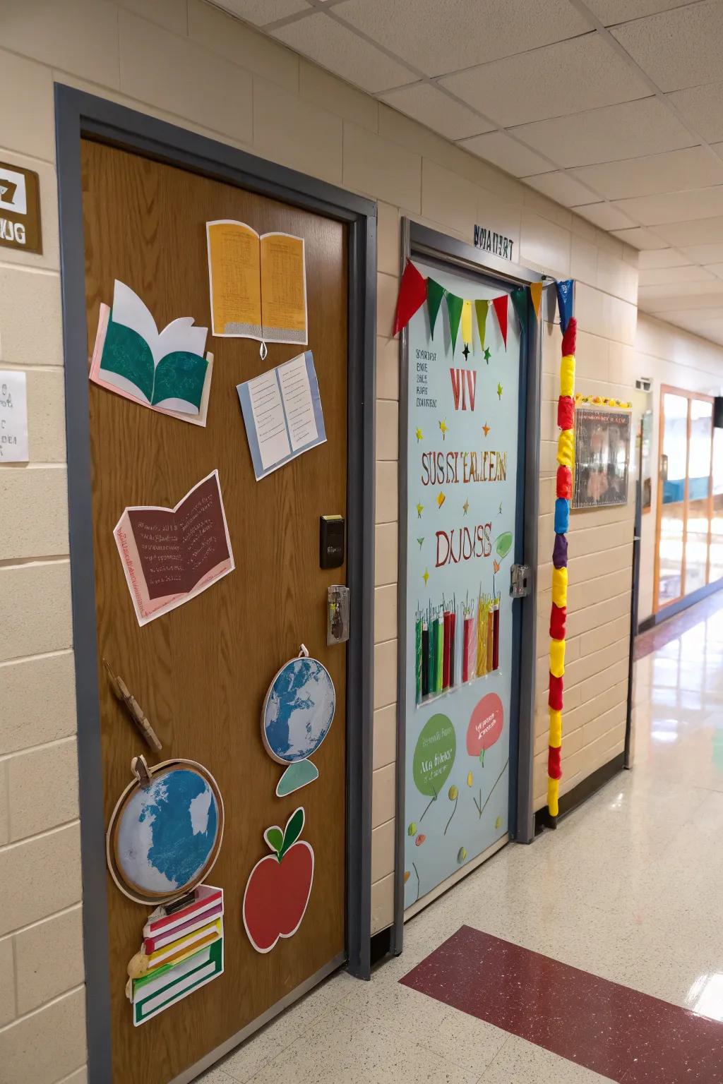 An educational theme showcased on a school entrance with literary works and educational instruments.