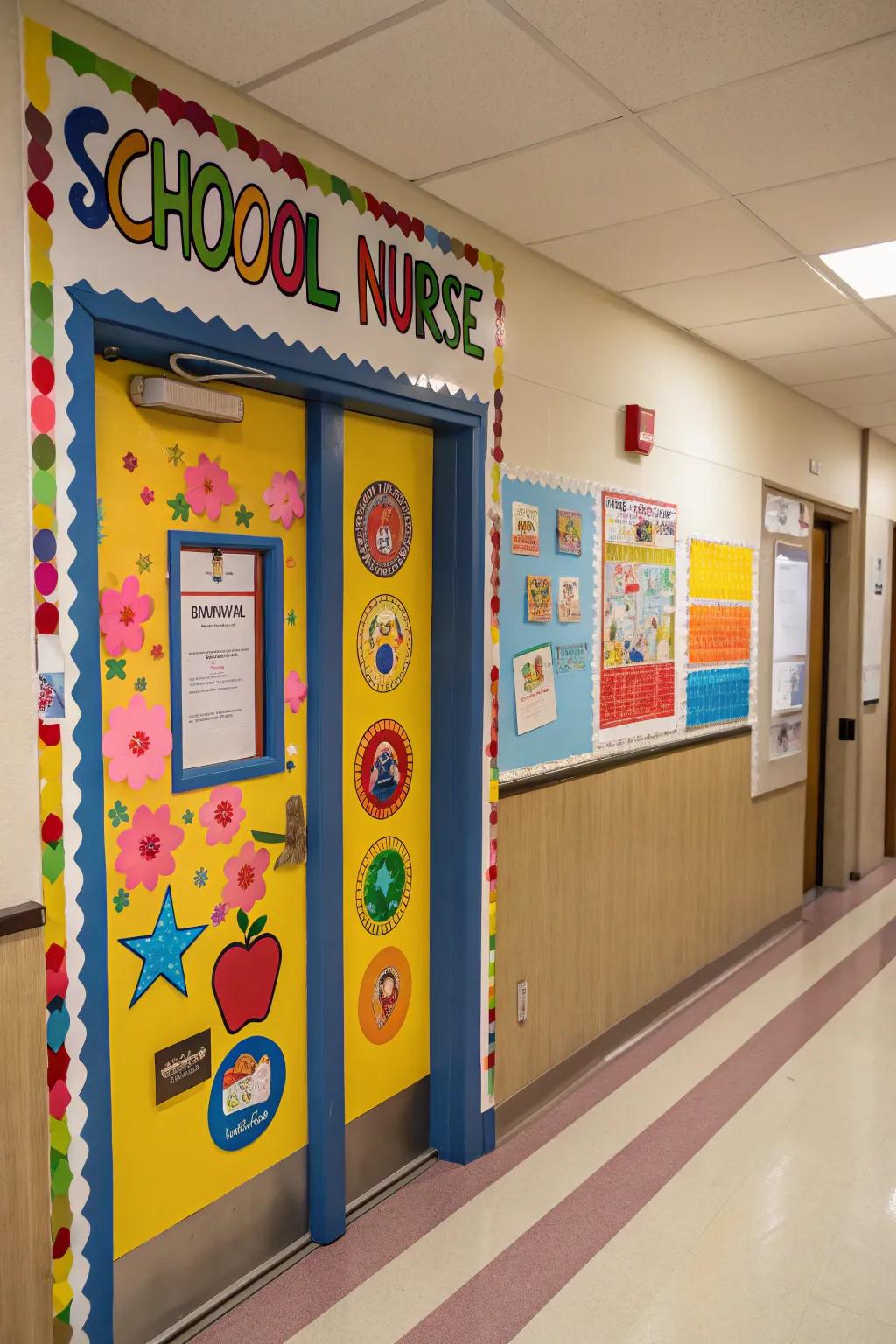 A colorful and engaging school nurse's door that welcomes all.