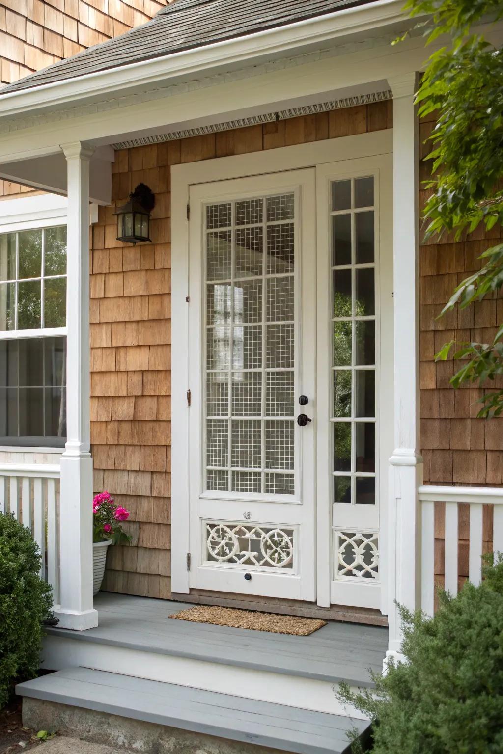 A pure white screen door brings timeless elegance to this entrance.