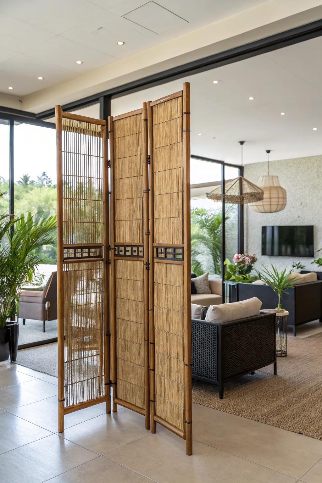 Cane partitions offer an eco-friendly and chic decor solution.