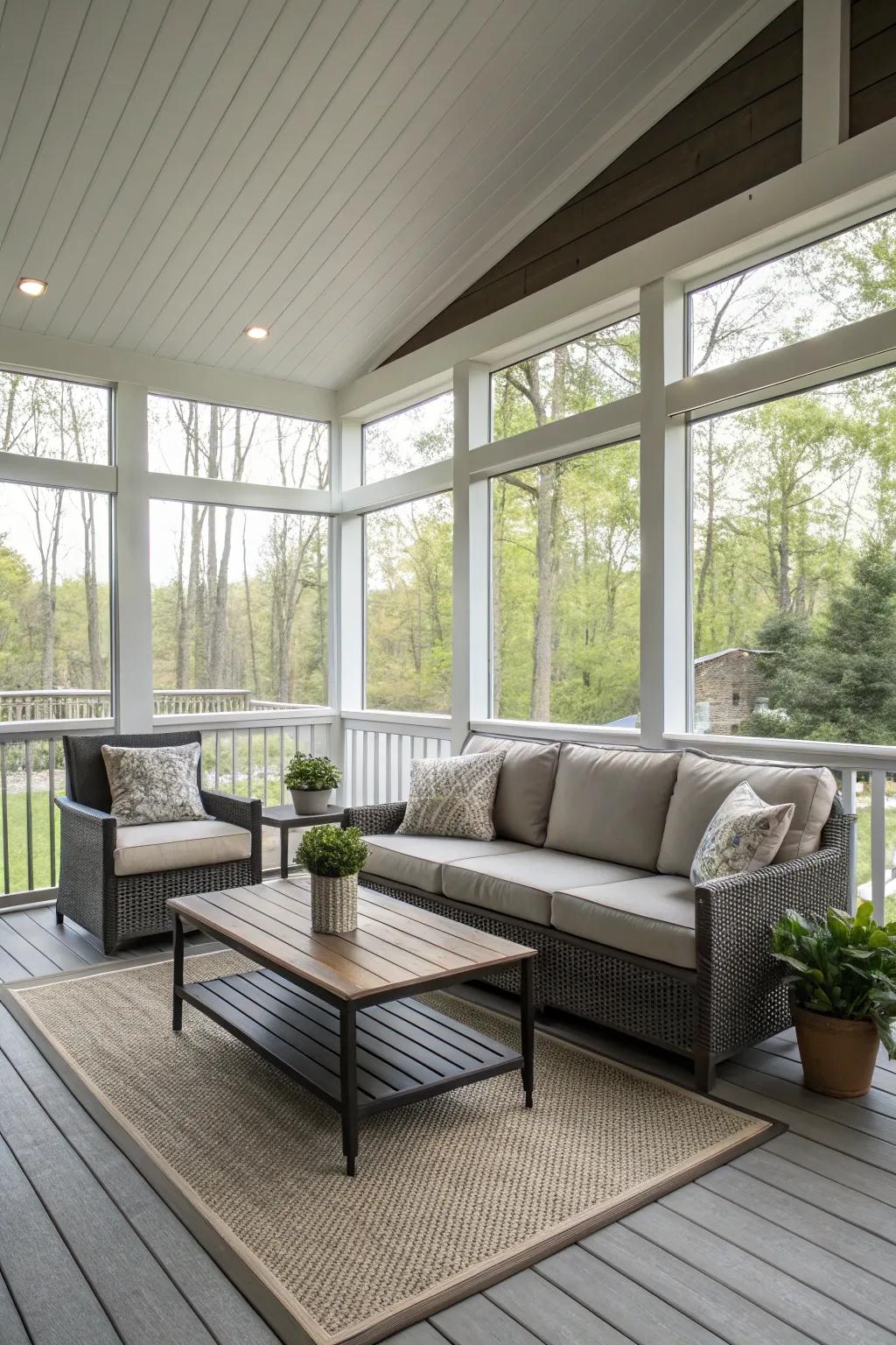A contemporary chic porch radiates refinement and simplicity.