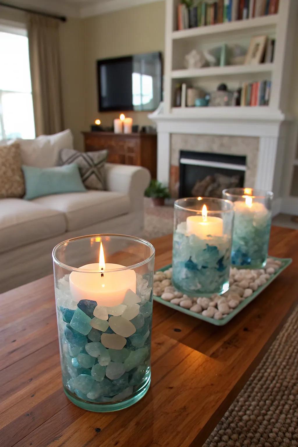Sea glass tea lights craft a cozy and magical ambiance.
