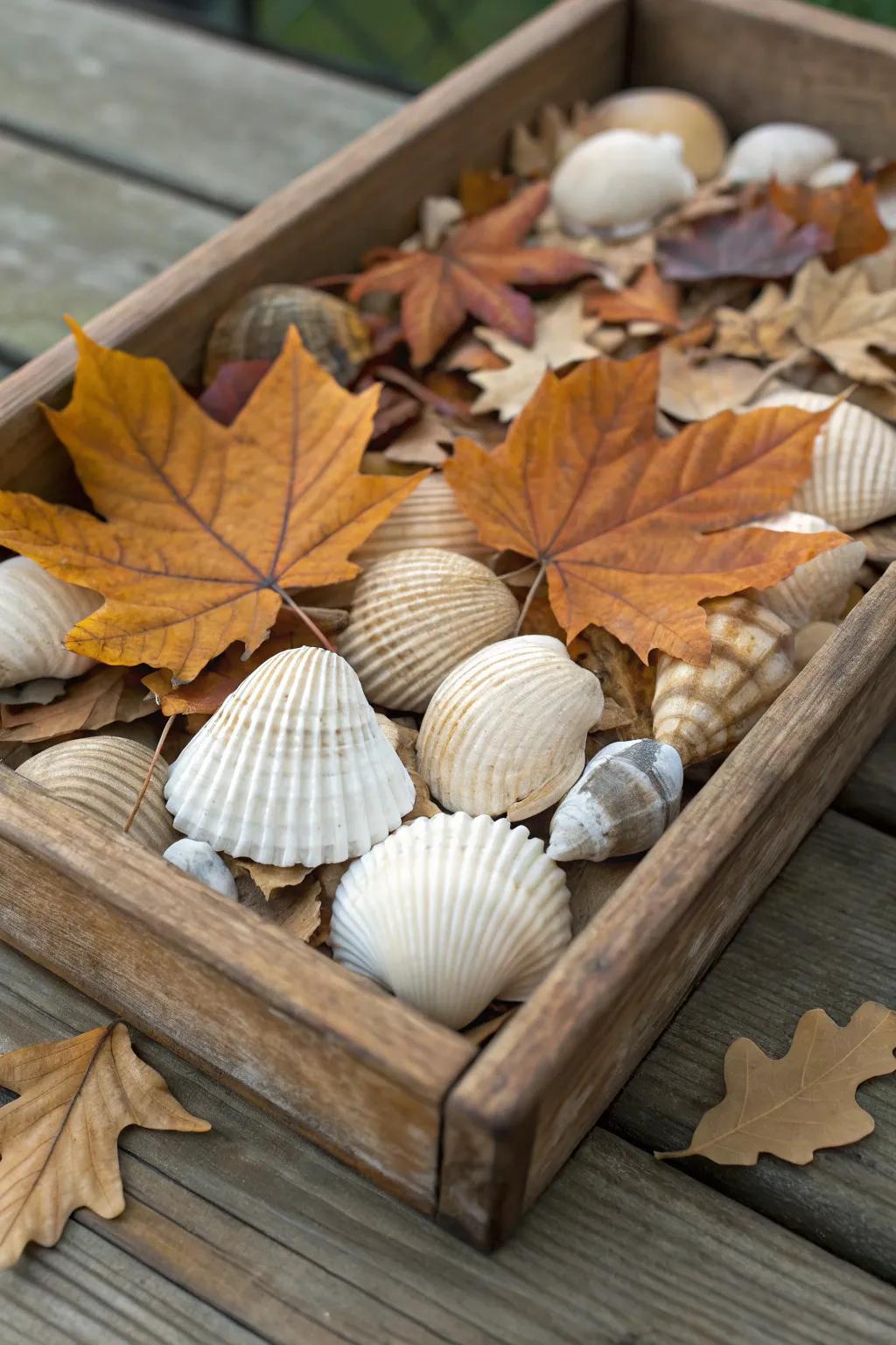Seashells combined with seasonal components fashion a vibrant exhibit.