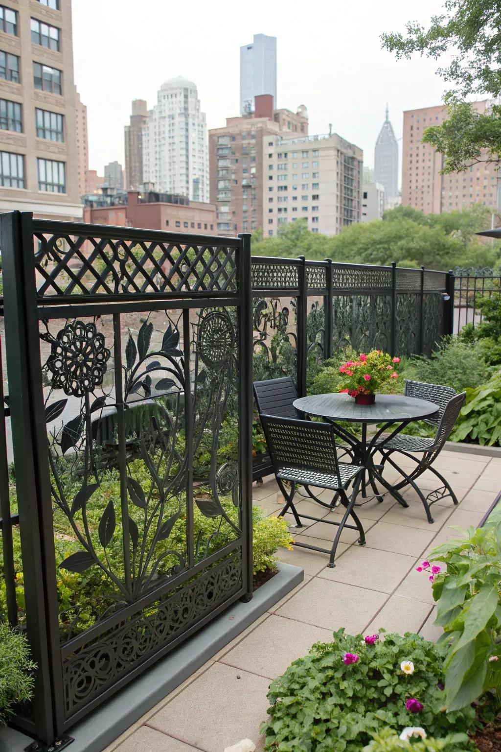 Artistic perforations on a metal fence introduce a unique element to this urban garden.