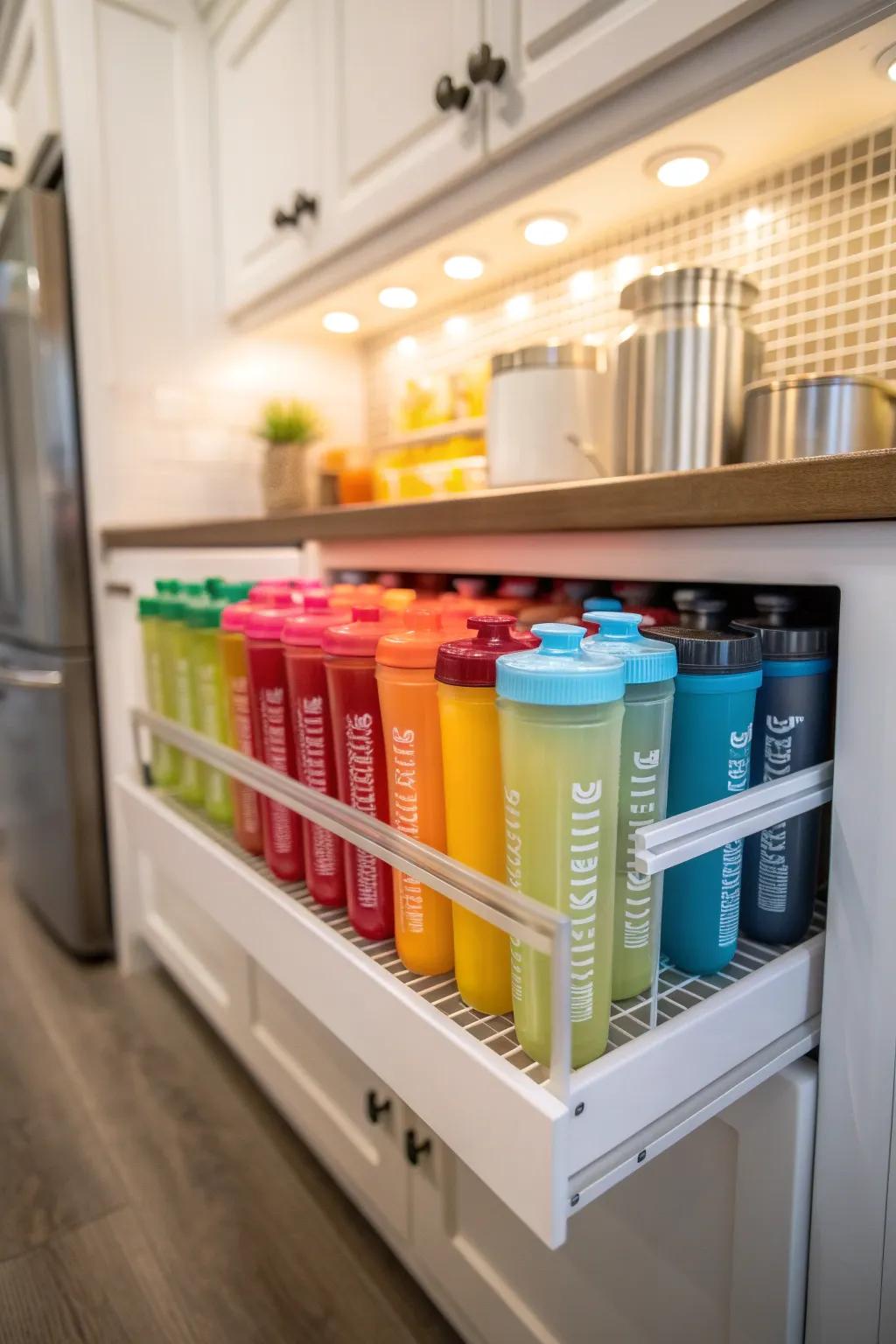 A dedicated compact storage unit for protein mixers in the kitchen.