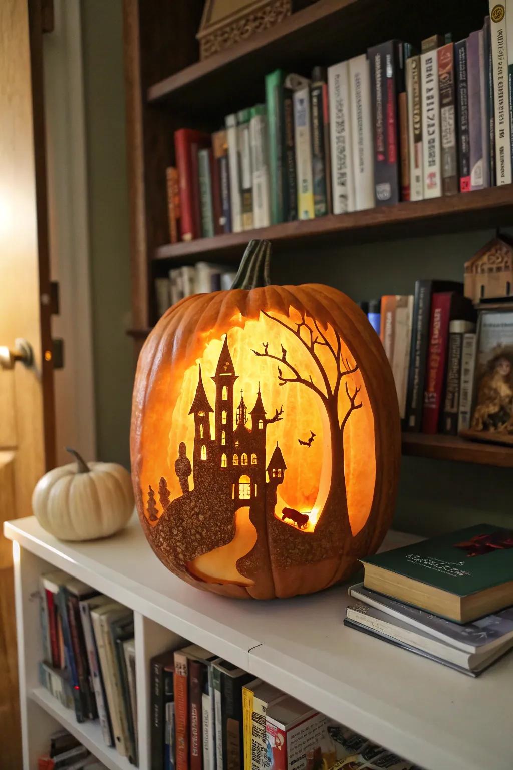 A fairy tale castle carved into a pumpkin, radiating a magical shimmer.