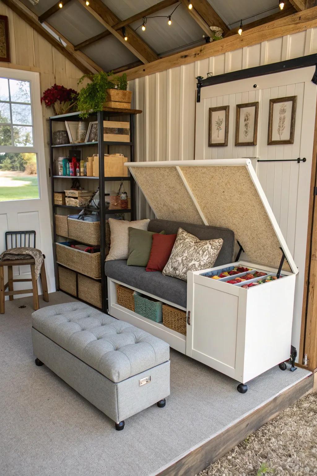 A shed home interior featuring multi-purpose furnishings such as a storage bench.