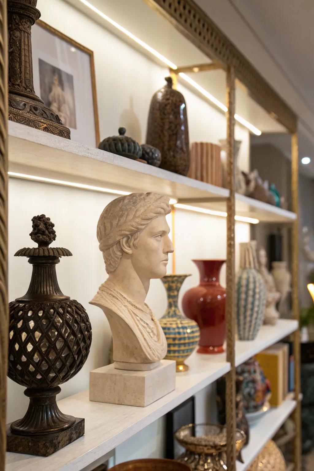 Decorative objects infuse allure and individuality into the shelf.