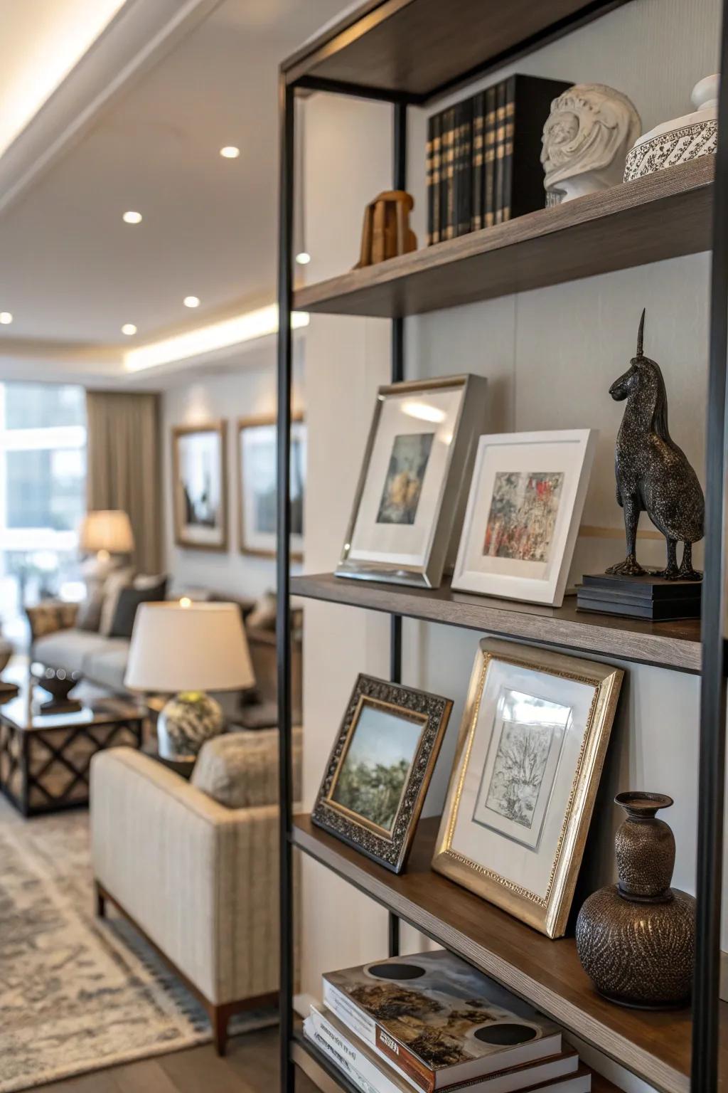 Art pieces convert a shelf into a personal gallery space.