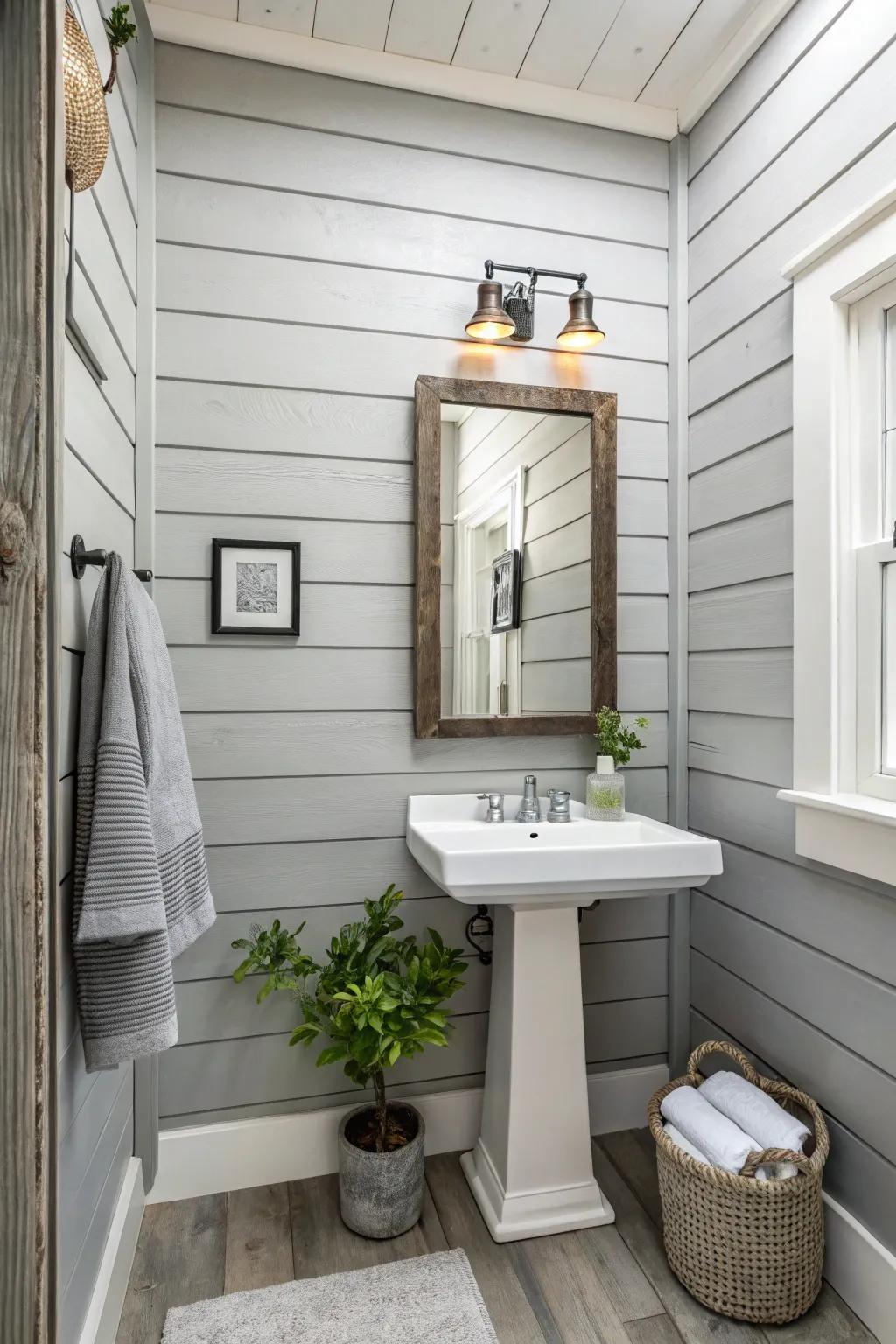 A bathroom featuring light gray wall plank walls for a neutral design.