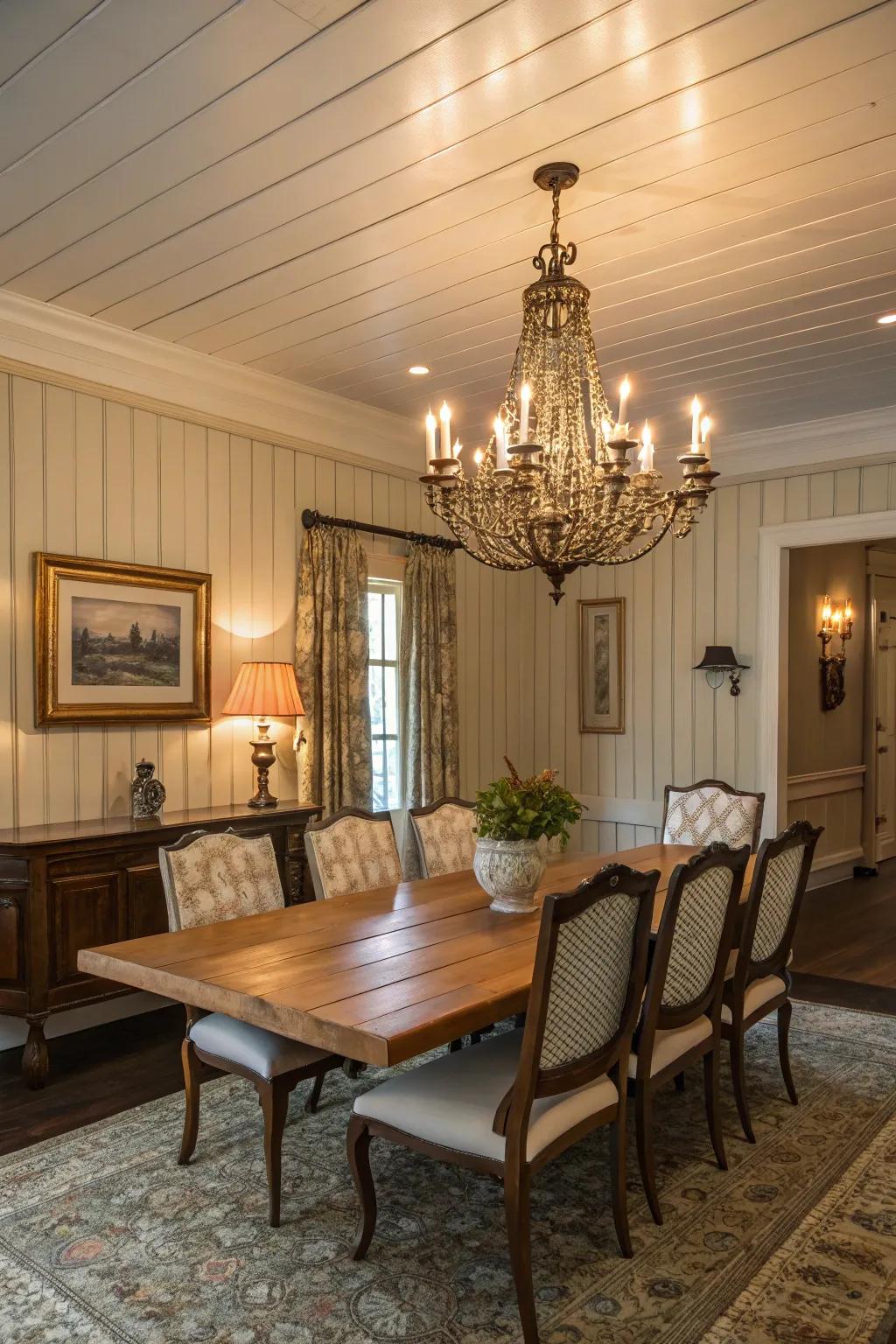 A dining room with vintage features and shiplap walls.