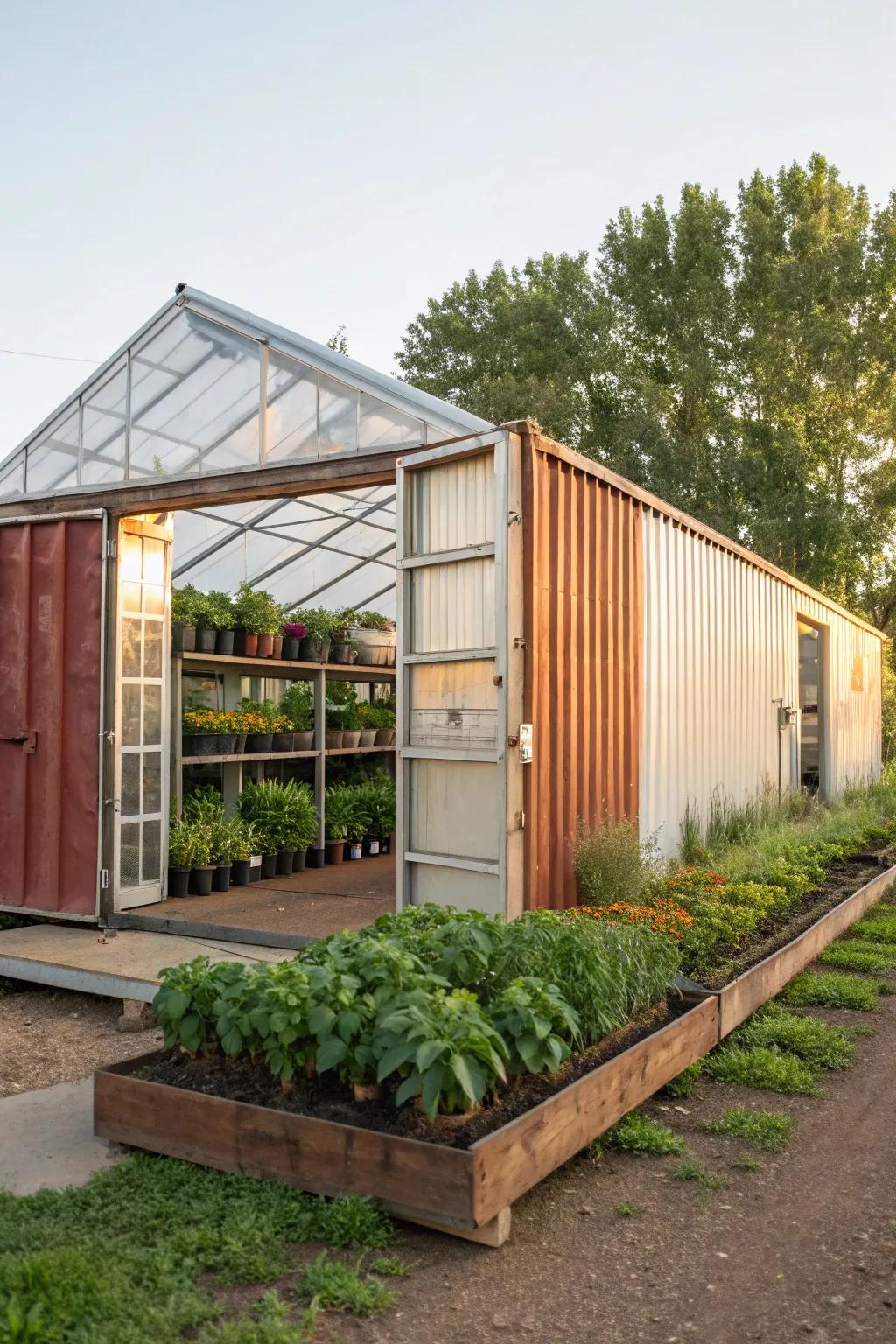 A metal box barn connected to a green and lush greenhouse.