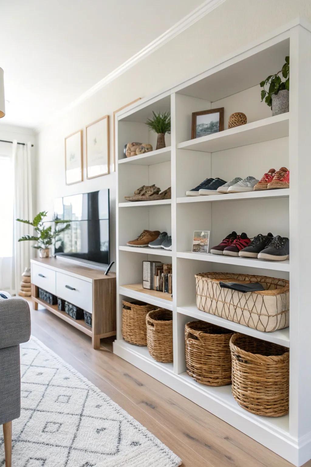 Open shelves combined with baskets offer both display and storage solutions for shoes.