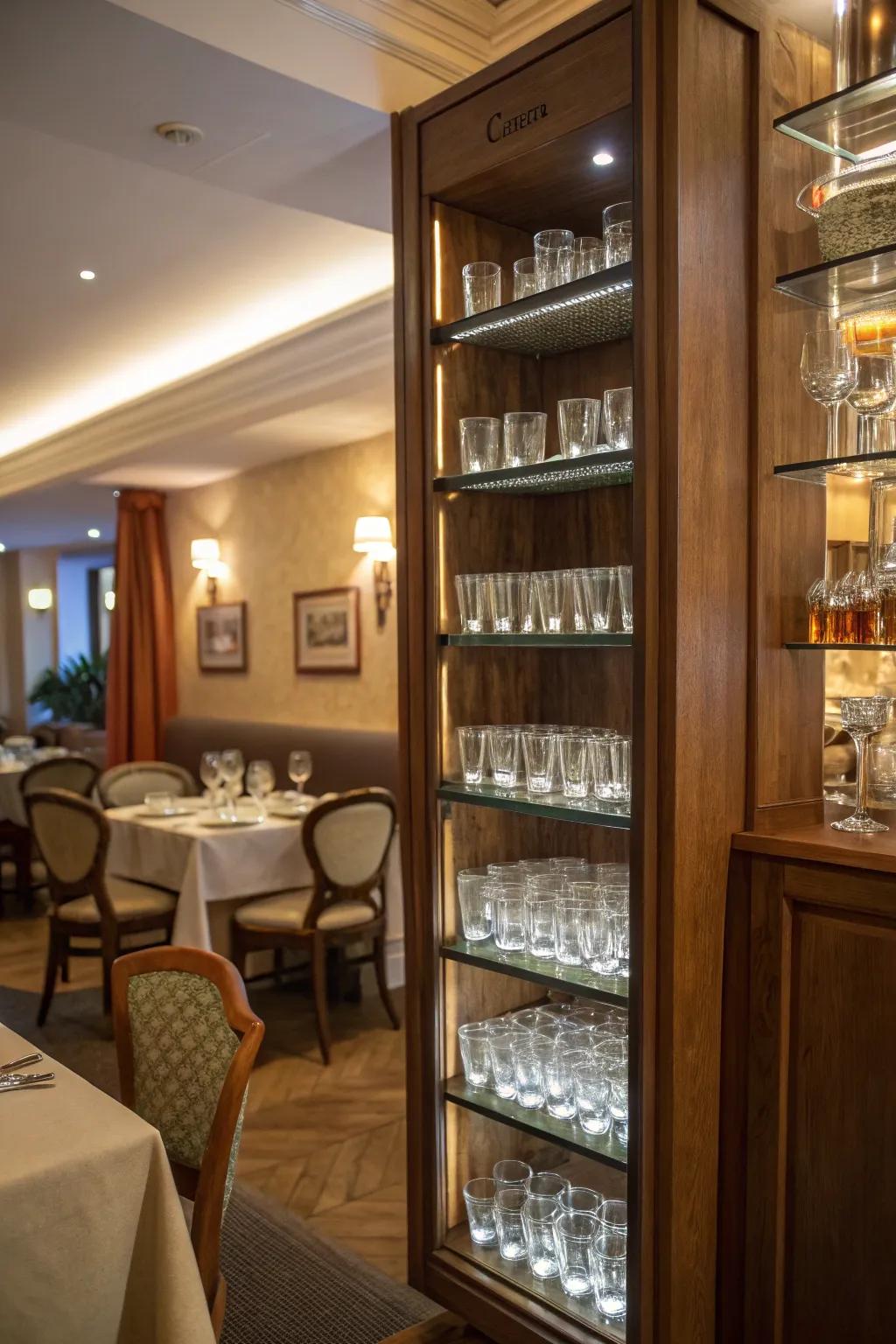 A cozy dining space corner exhibits a tall, slender rack populated with collectible glasses.