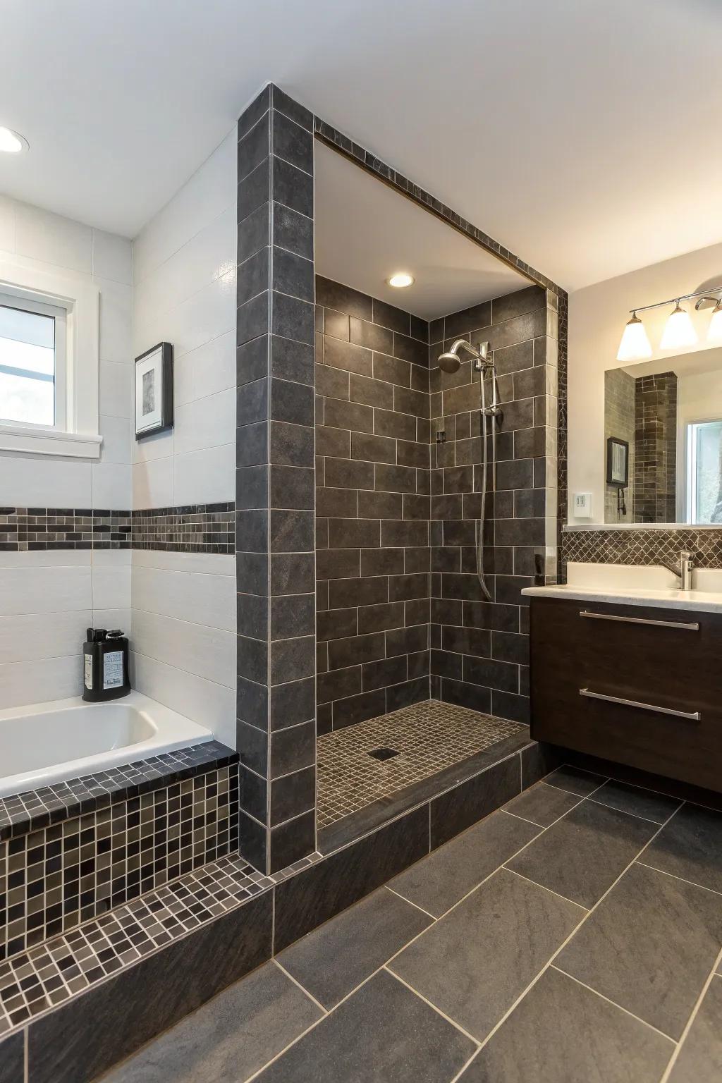 Dark tiles provide a bold contrast, enhancing the modern aesthetic.