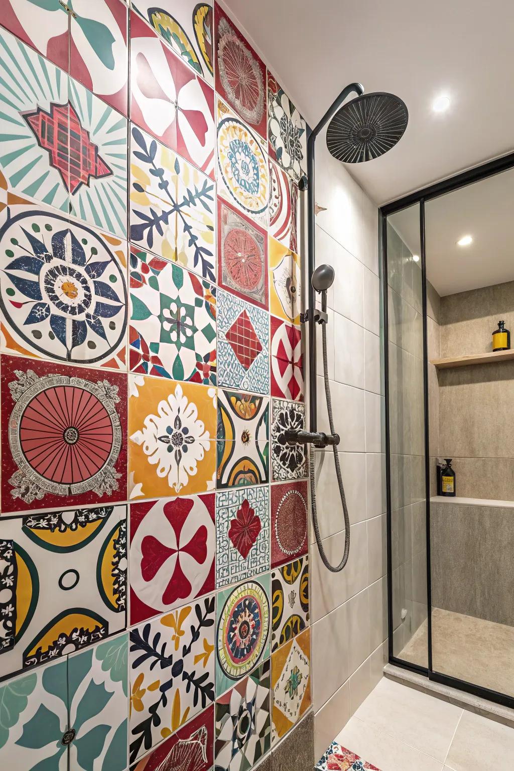 A shower showcasing statement tiles in vibrant designs and hues.