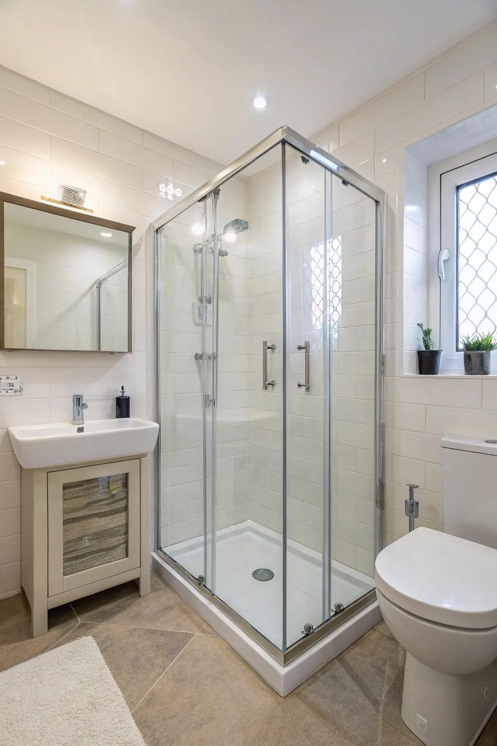 A corner shower makes great use of space in a small bathroom.