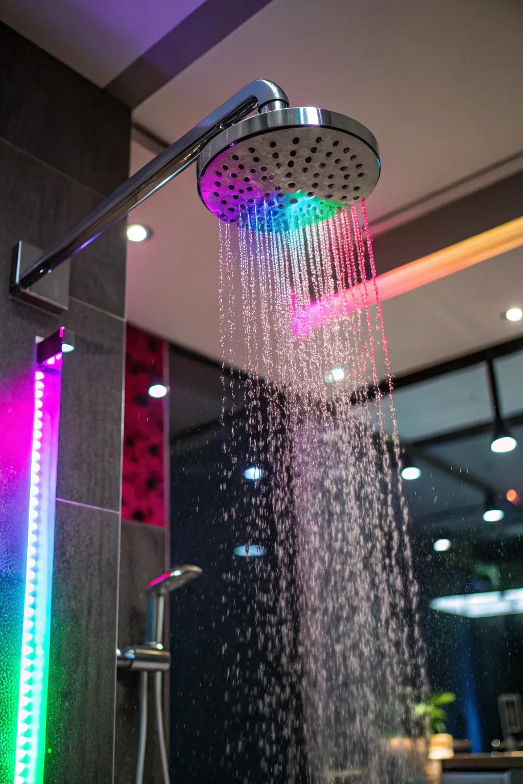 Colored lights fill your shower with lively and vibrant energy.