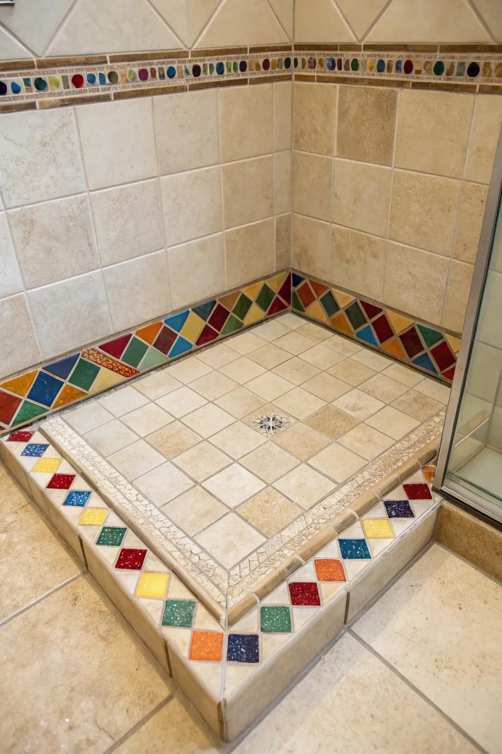 Colorful highlight tiles craft an amazing border on this shower base, adding a touch of creativity.