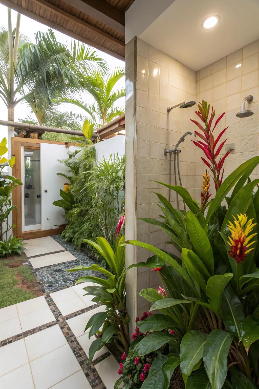Equatorial species flourish amidst the humid setting of a bathroom.