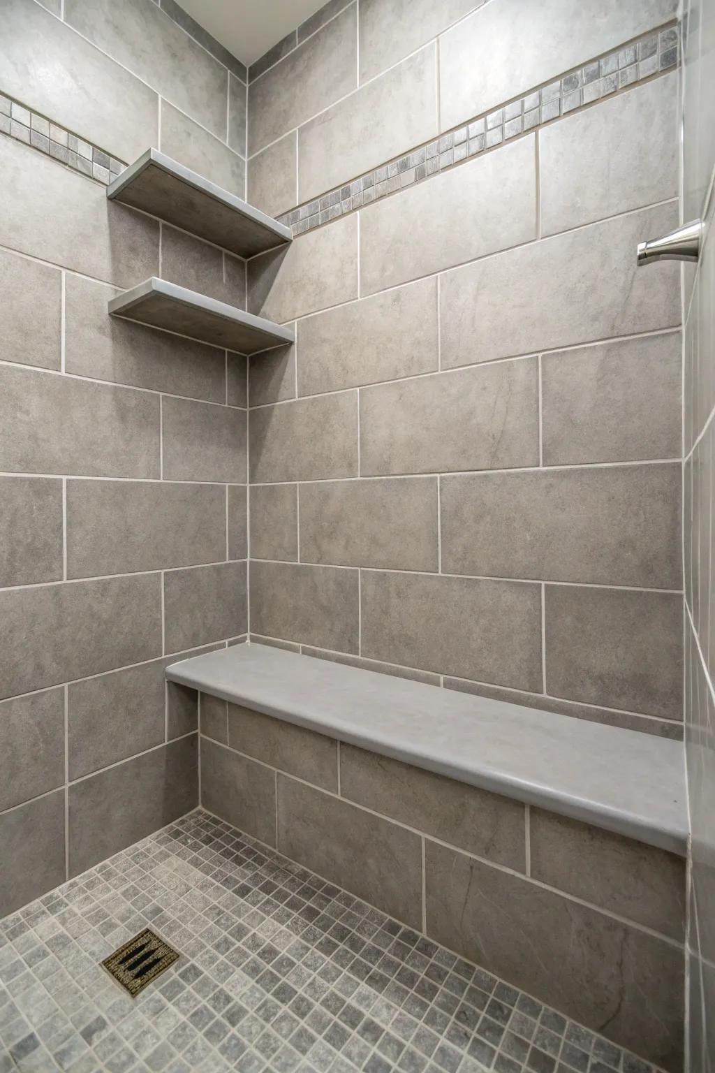 Practicality intertwined with style through integrated elements within a grey-tiled shower.