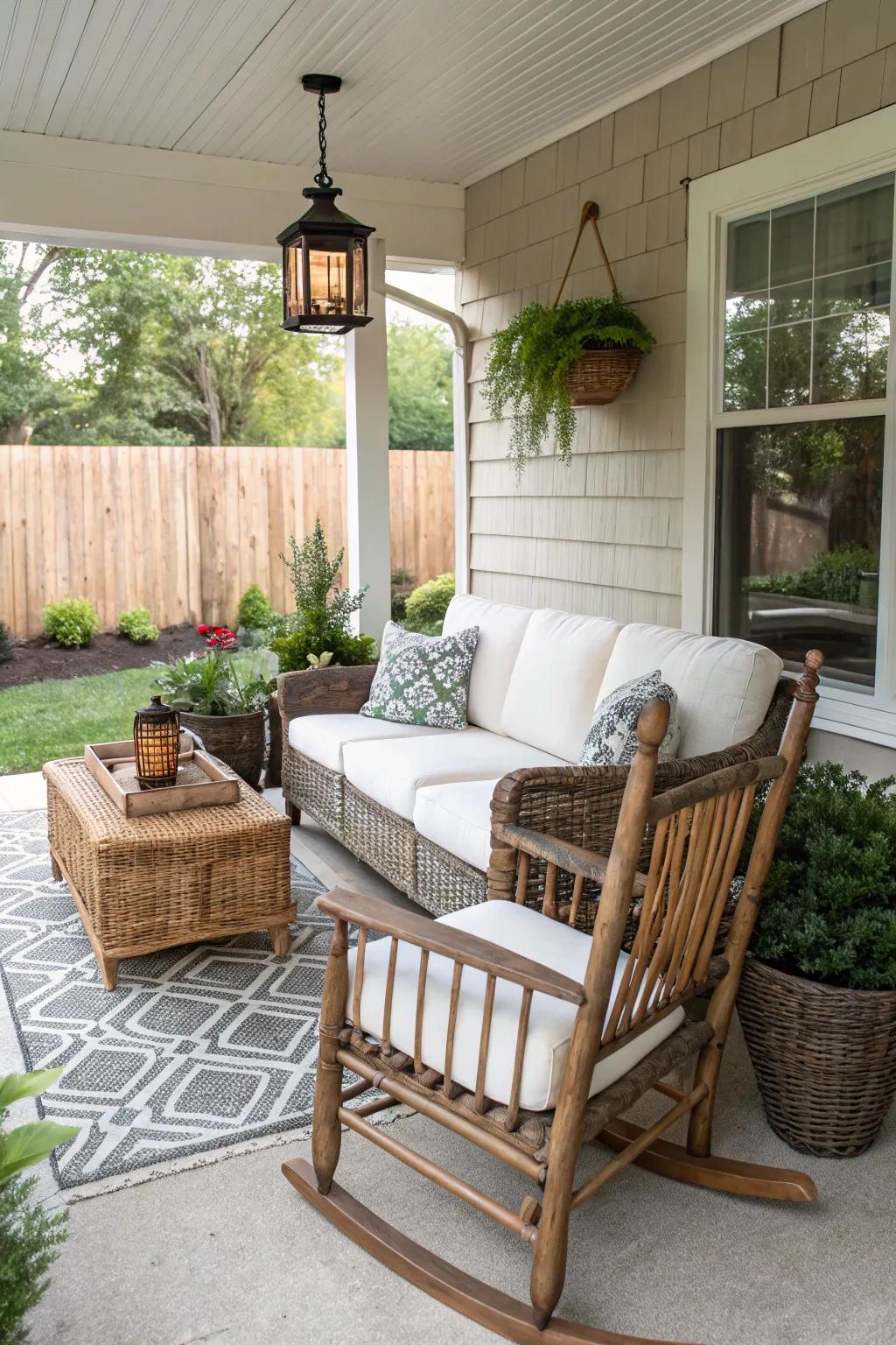 Elegant outdoor furniture adds personality to the side porch.