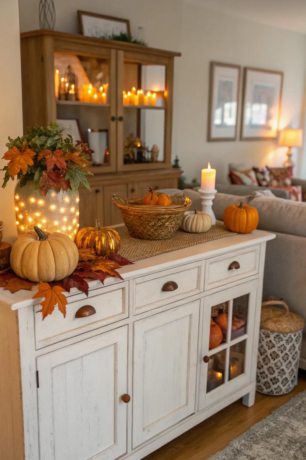 Seasonal accents on a credenza, such as fruit and foliage, introduce a timely charm.