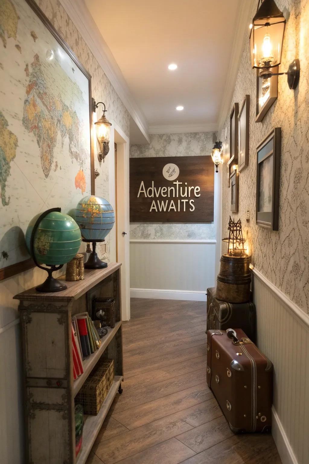 A hallway featuring an 'Explore the World' display and other travel-related decor.