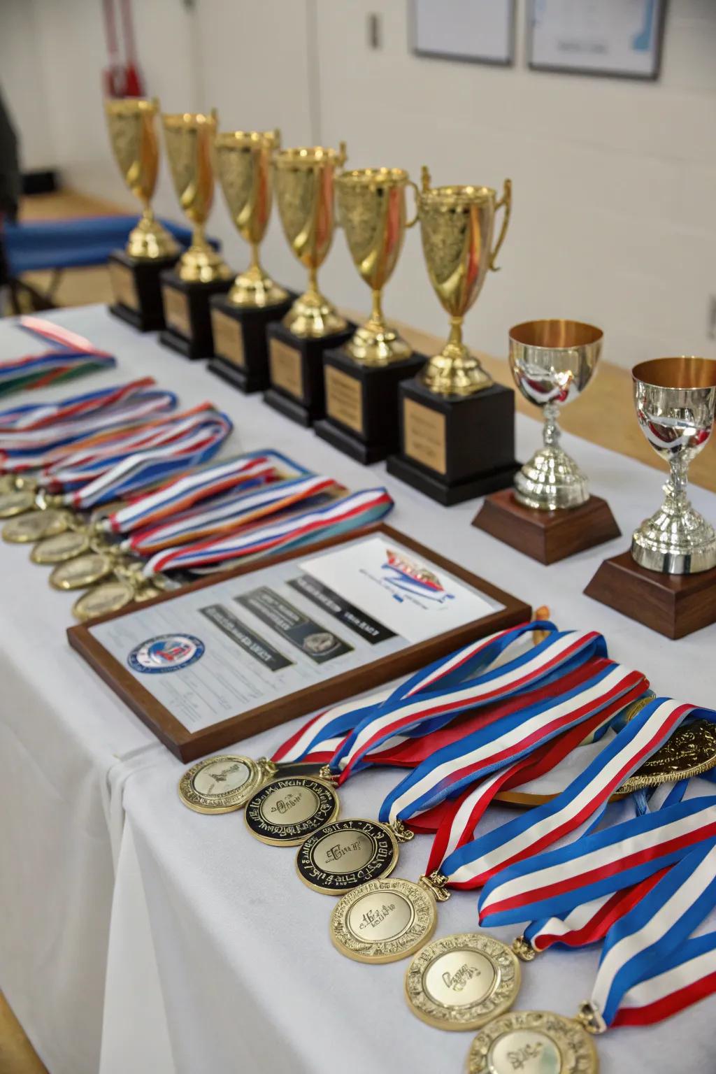 Medals and awards displayed with pride pay homage to perseverance and talent.