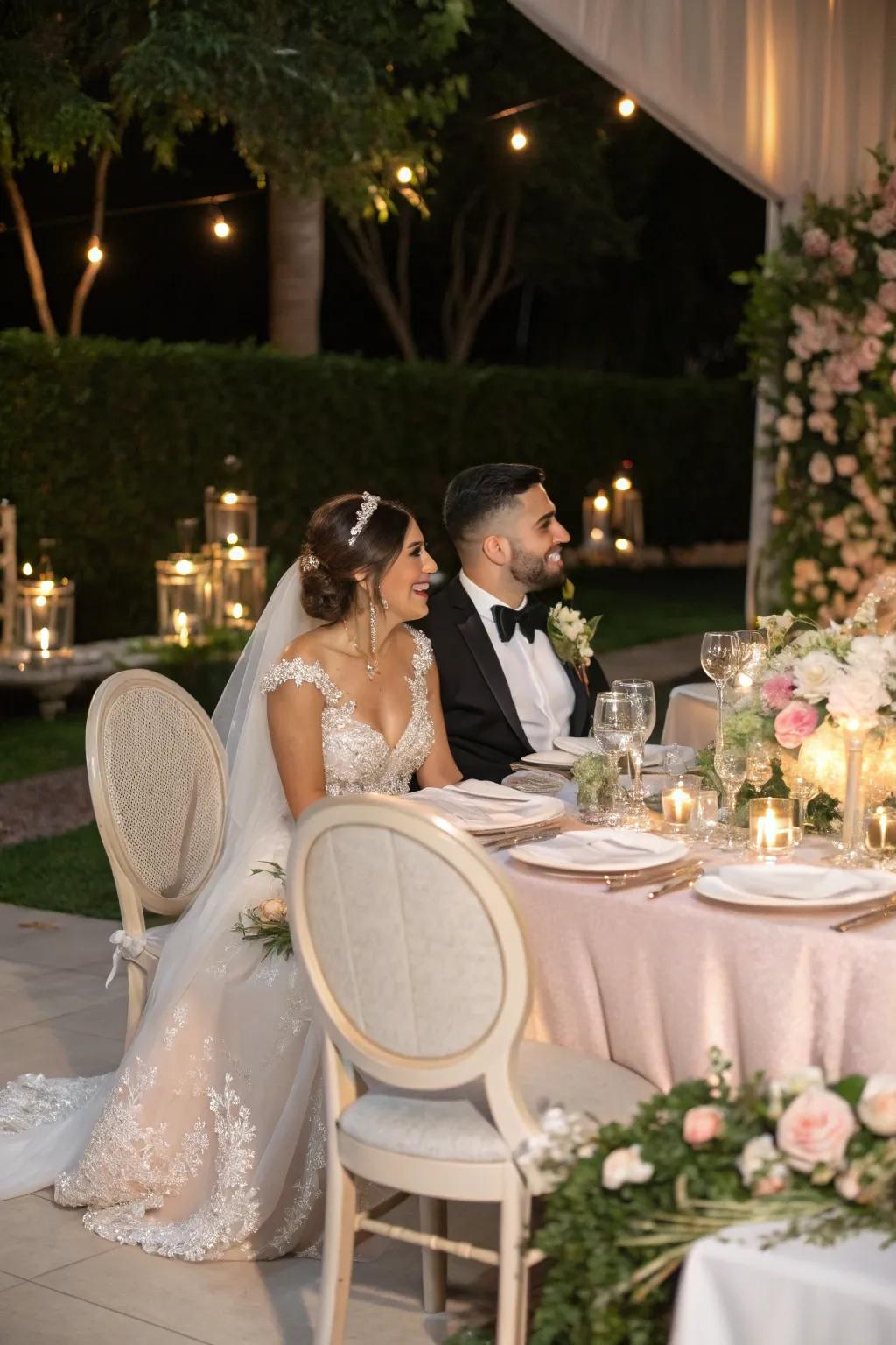 A bride and groom table displaying elegant, stylish chairs.