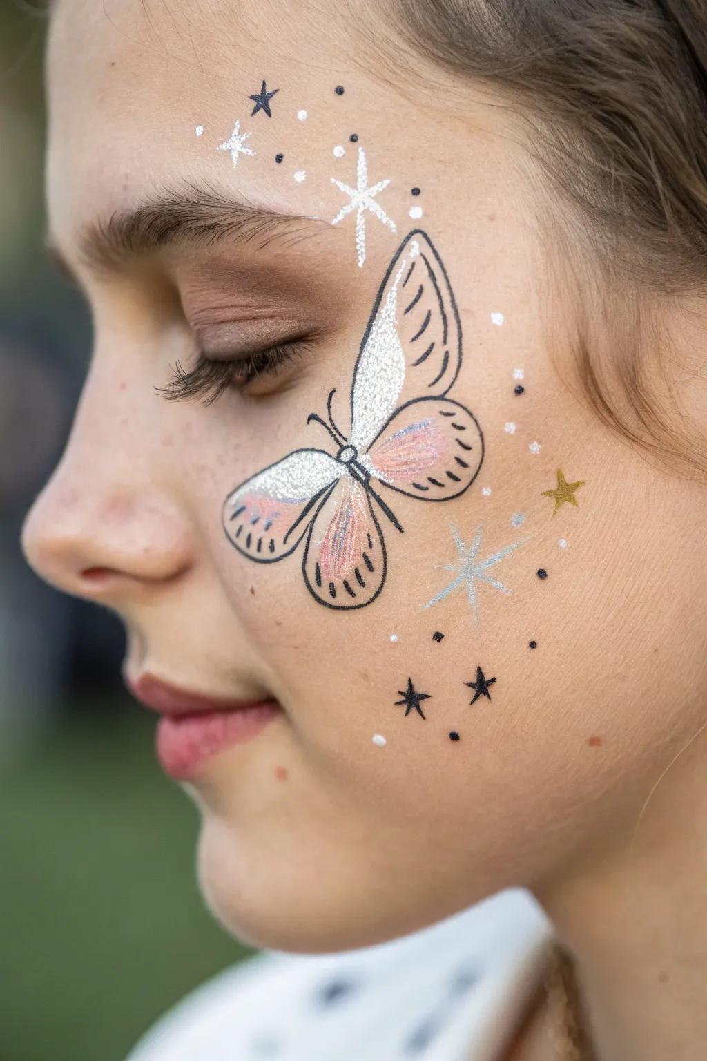 Appreciate the magic of simplicity with a starry-eyed butterfly visage decoration, where minimalism merges with enchantment.