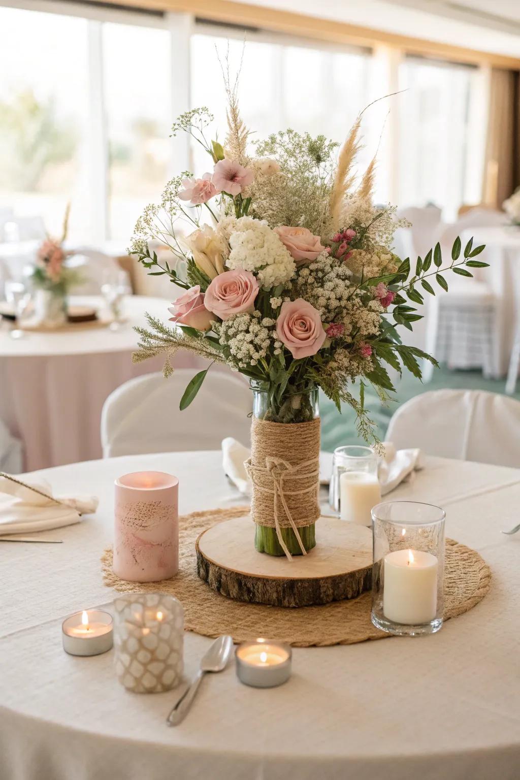 Muted and soft tones bring a refined touch to this centerpiece.