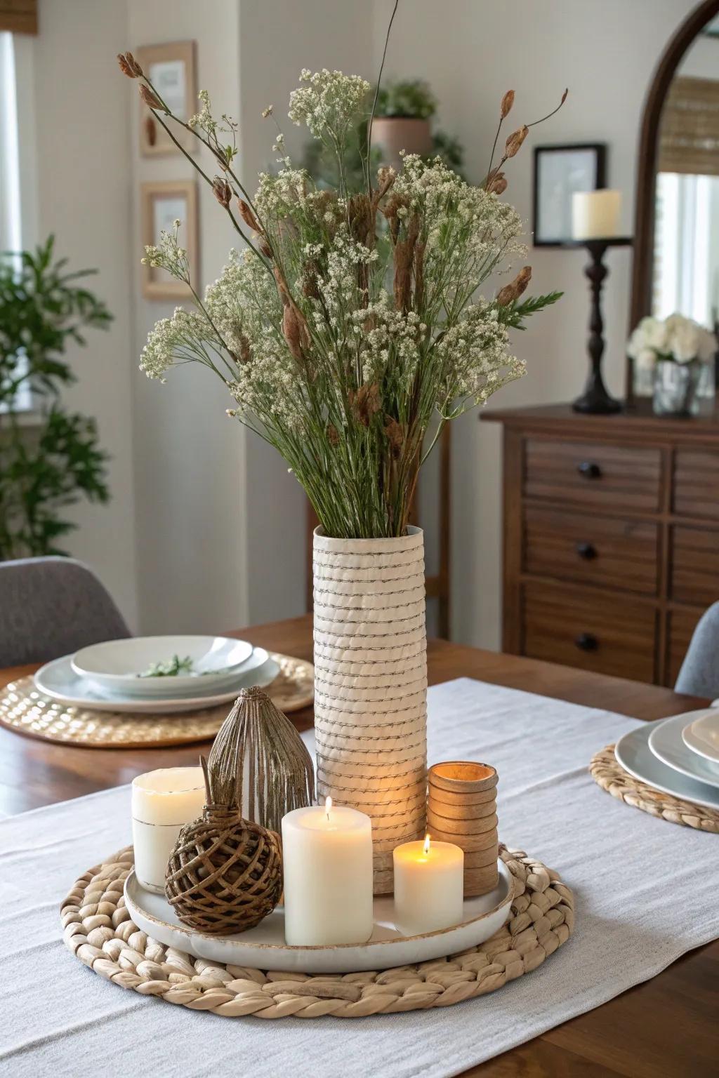 Varied elevations enhance the table setting.