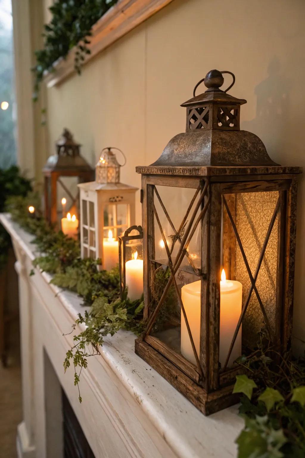 Country light holders casting a warm glow on the fall mantel.