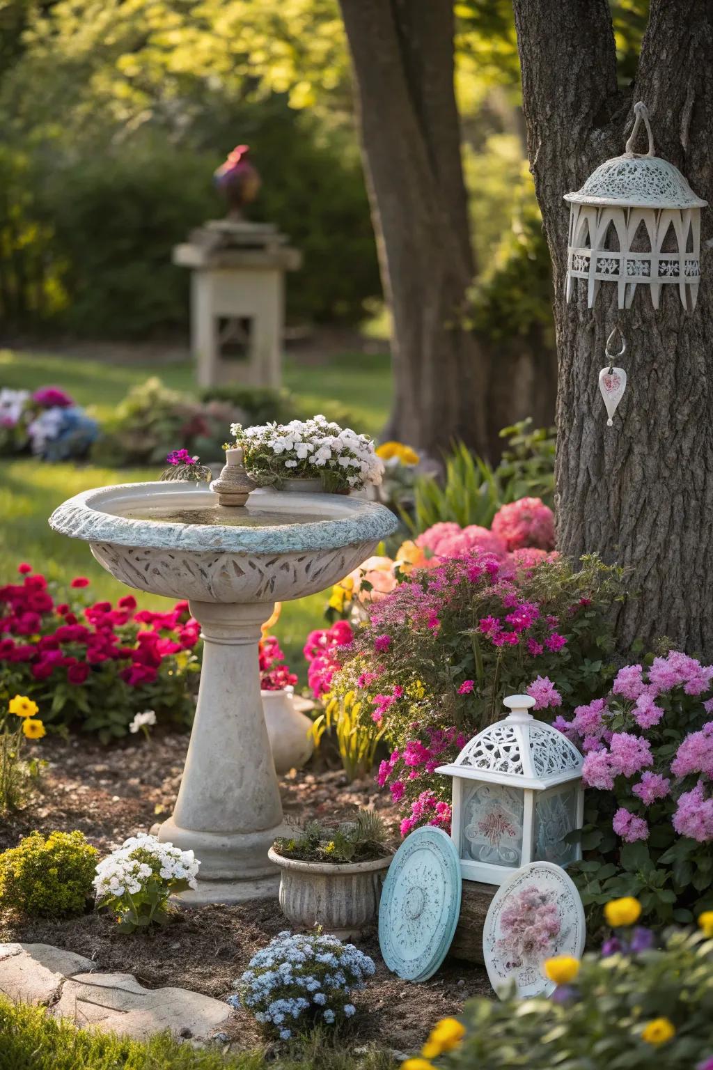 Garden decorations contributing charm to a bright flower garden.