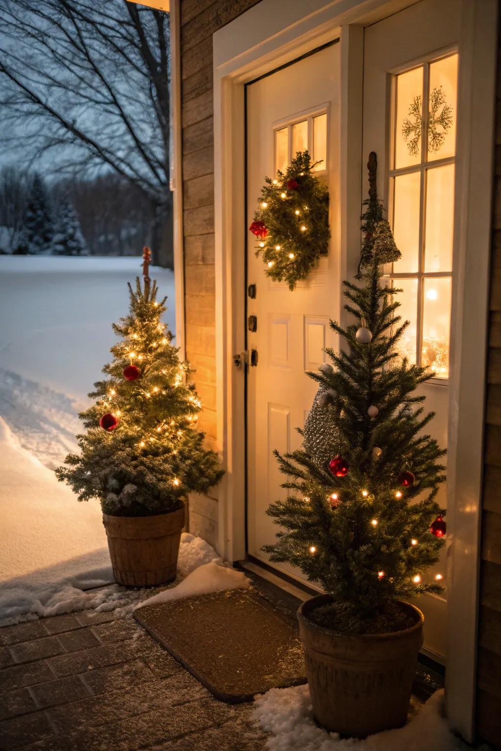 Miniature Christmas trees nestled in pots infuse a touch of festive verdure to your entrance.