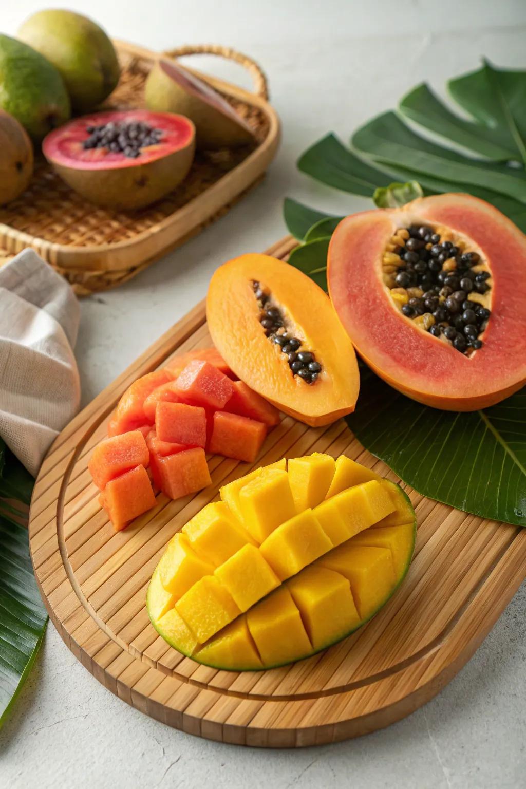 Unusual fruits infuse an exotic island vibe into your arrangement.