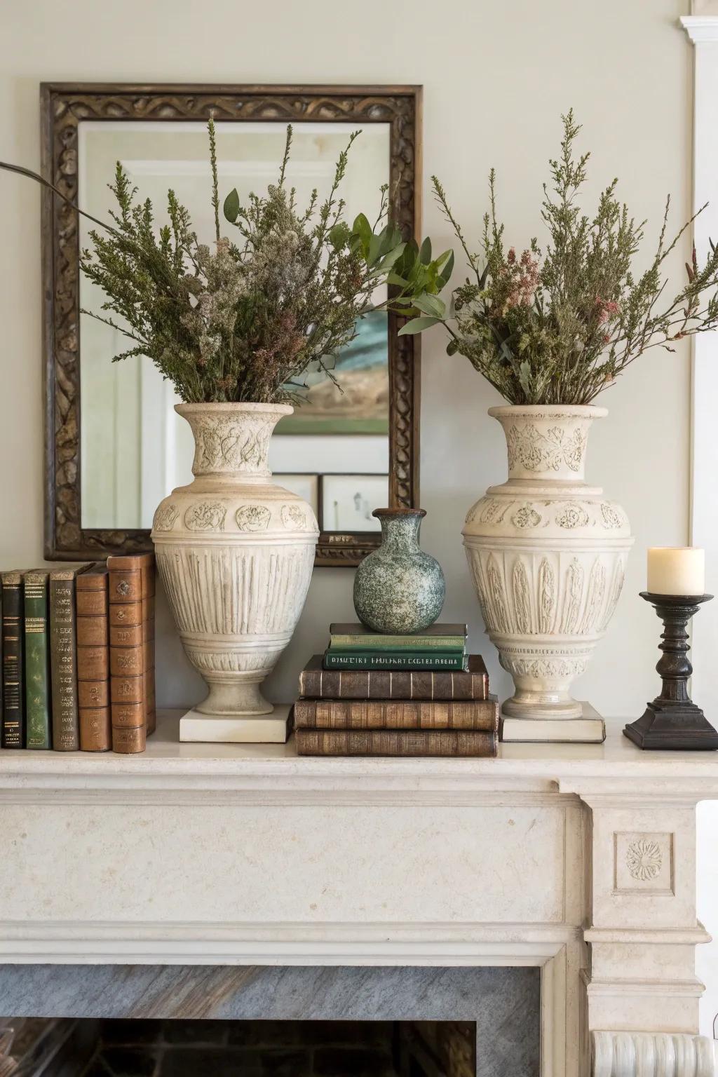 Proportion brings a harmonious essence to this well-ordered mantel.