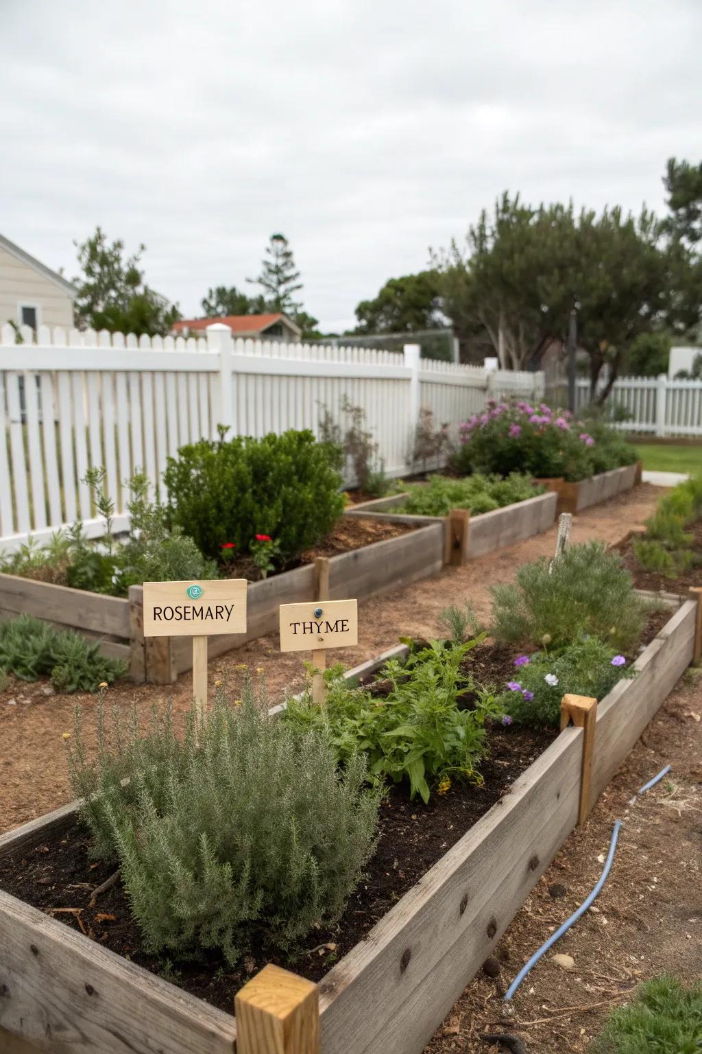 A side yard spice garden places aroma and flavor within easy reach.