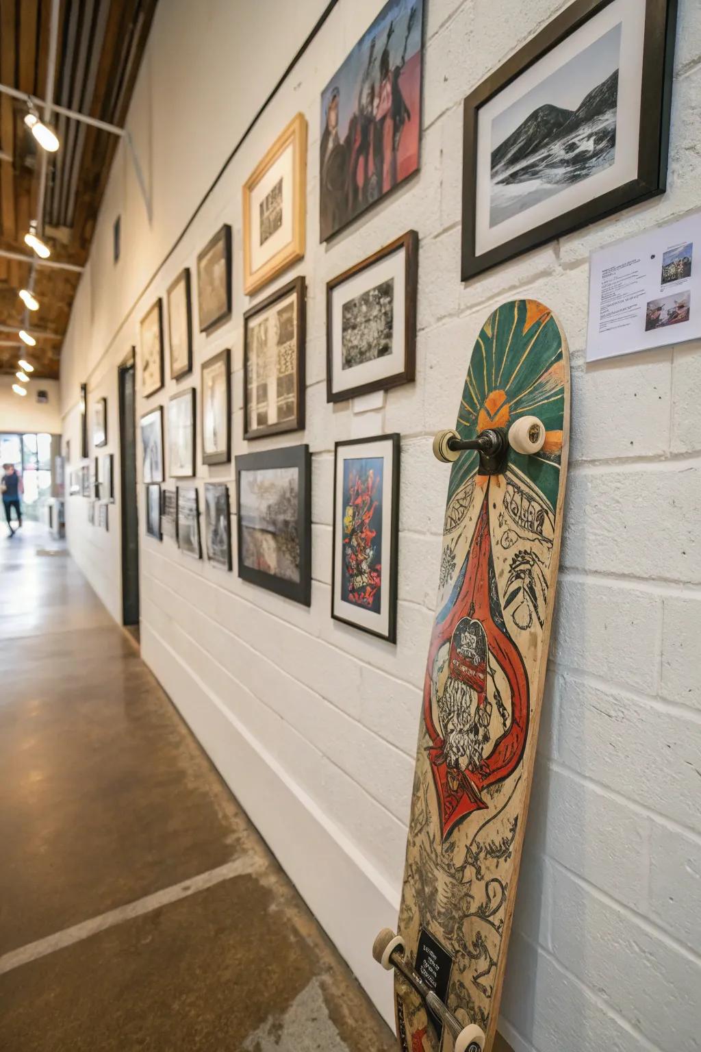 Make a fun gallery wall with skateboard art.