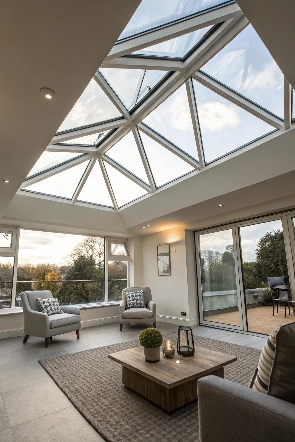 An artistic room showcasing a geometric skylight.