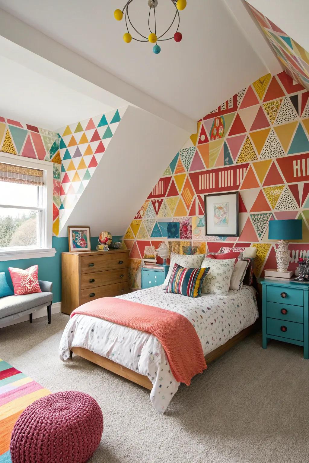 These striking ceiling patterns bring a playful, fun vibe to this bright bedroom.