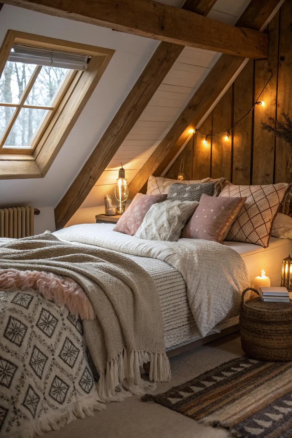 Warm fabrics create a cozy retreat in an attic bedroom.