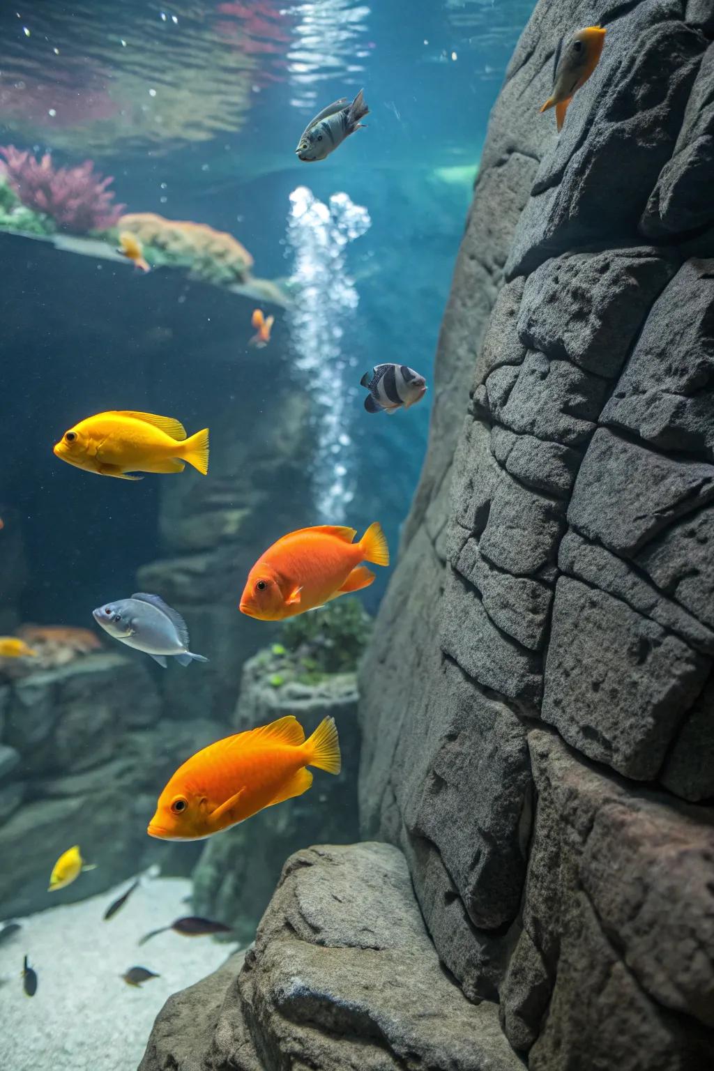 A textured slate scenery contributing magnitude to the aquarium.