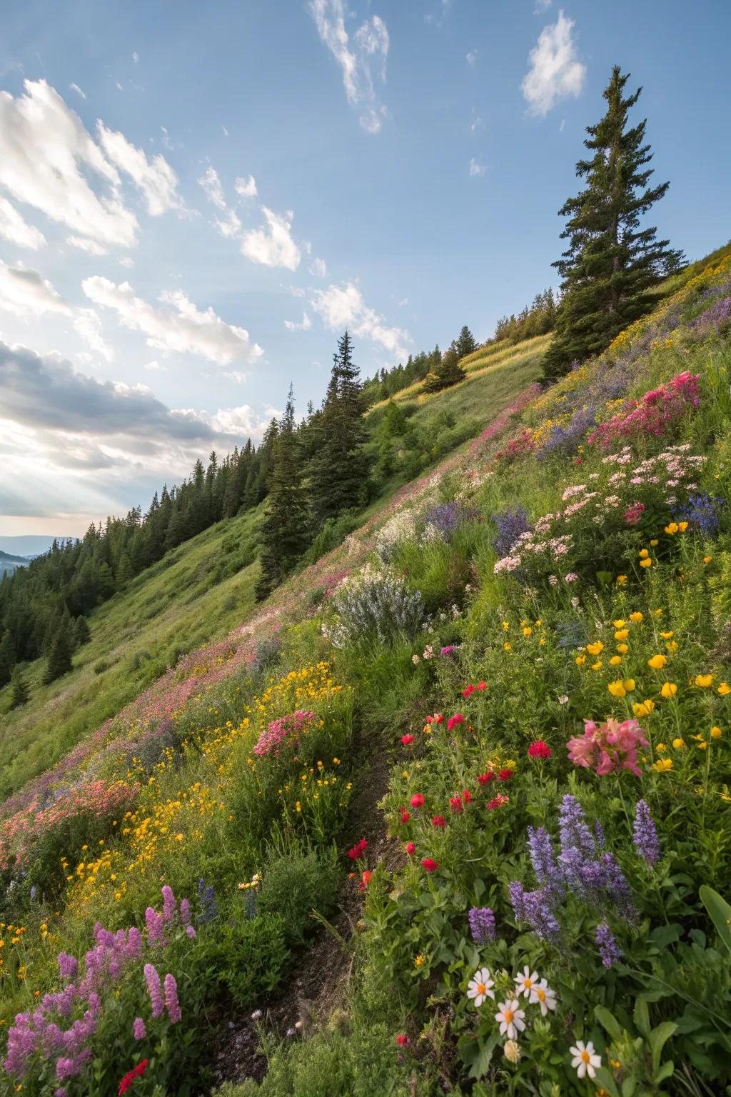 A lively amalgamation of uncultivated blooms and lasting flora adorns this hillside.