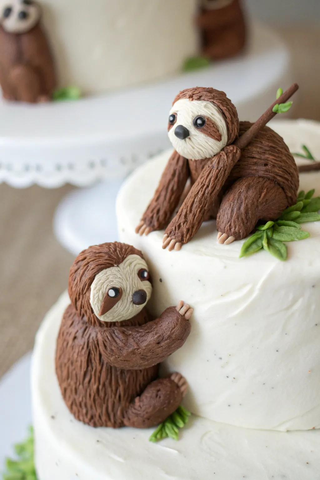 Small sloth toppers add charm to any cake.