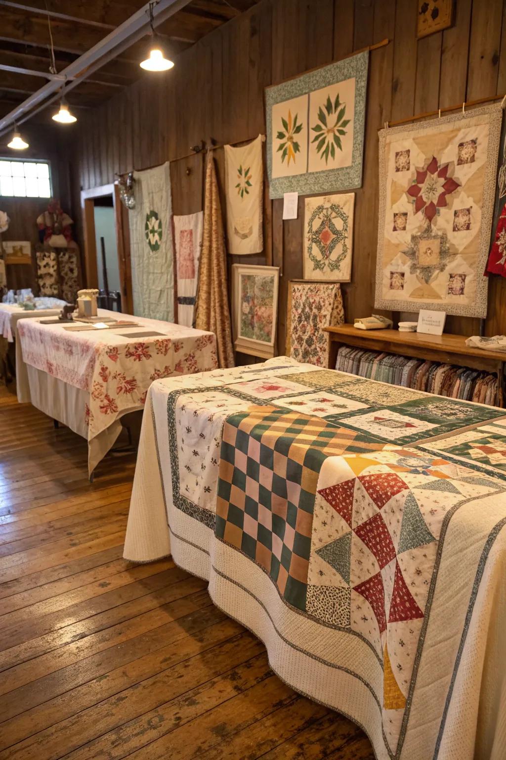 Old-fashioned quilts draped over tables for comfortable textures