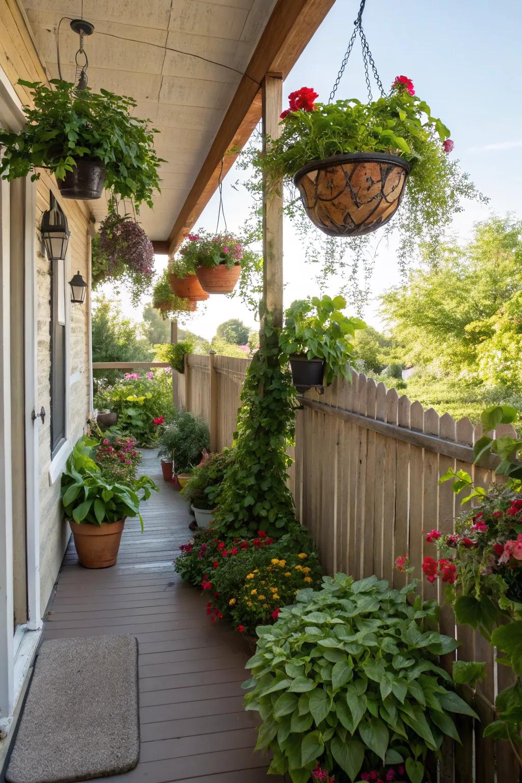 Rich greenery introduces a refreshing touch to a small back porch.