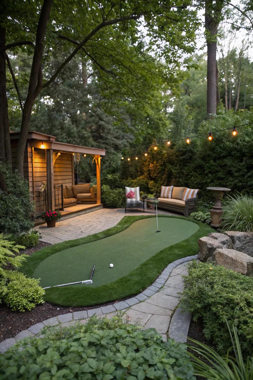 A relaxing seating area adjoining a backyard putting green.
